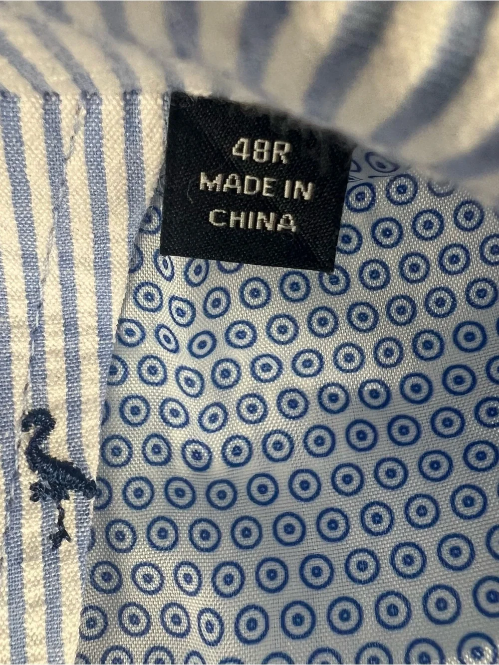 Tailorbyrd Mens Blazer 48R Seersucker Cotton Blue White Embroidered Flamingo